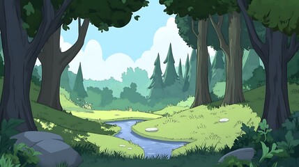 Fototapeta premium Cartoon Forest Stream Landscape.
