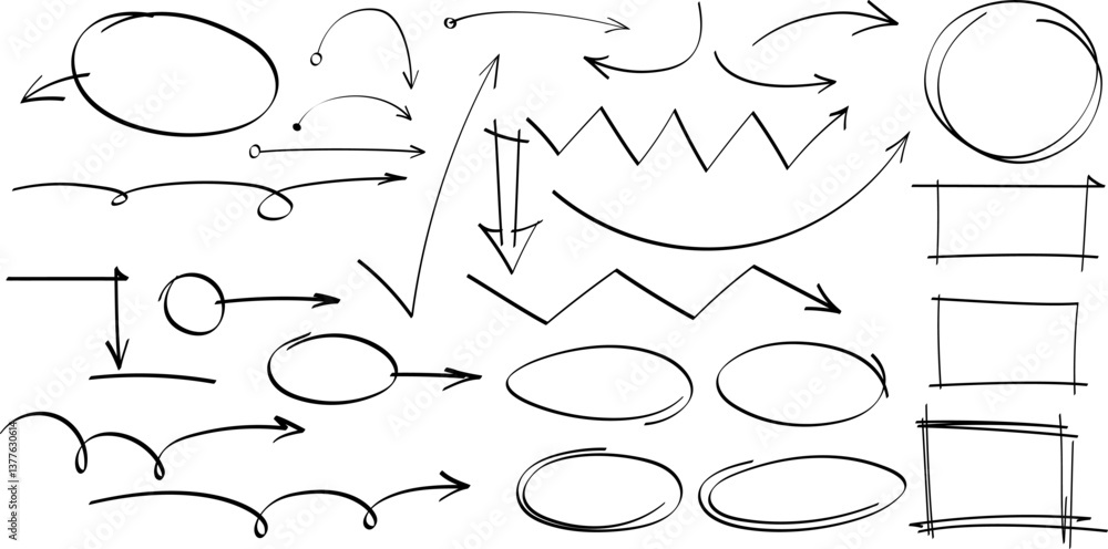 Poster Hand drawn arrows, highlight, text underline strokes and emphasis marks. Set of Sketches of arrows, ellipse, rectangle, oval and mark. Collection of vector doodle elements and shapes for notes