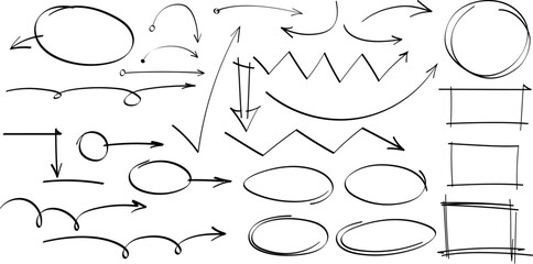 Hand drawn arrows, highlight, text underline strokes and emphasis marks. Set of Sketches of arrows, ellipse, rectangle, oval and mark. Collection of vector doodle elements and shapes for notes