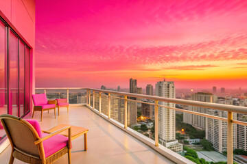 Standing on a high-rise balcony at sunset, overlooking the city