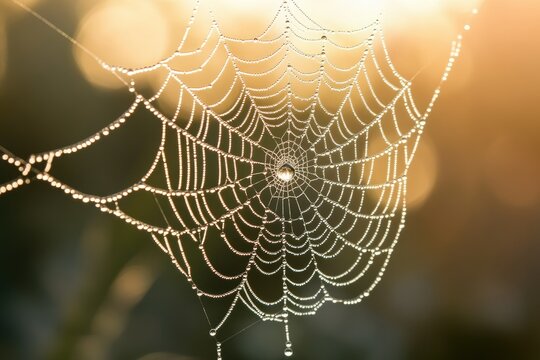 A spiderweb covered in dewdrops glistens in the soft morning light, a delicate creation of nature.