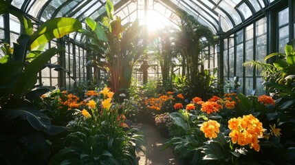 A flower greenhouse filled with tropical plants and vibrant blooms.