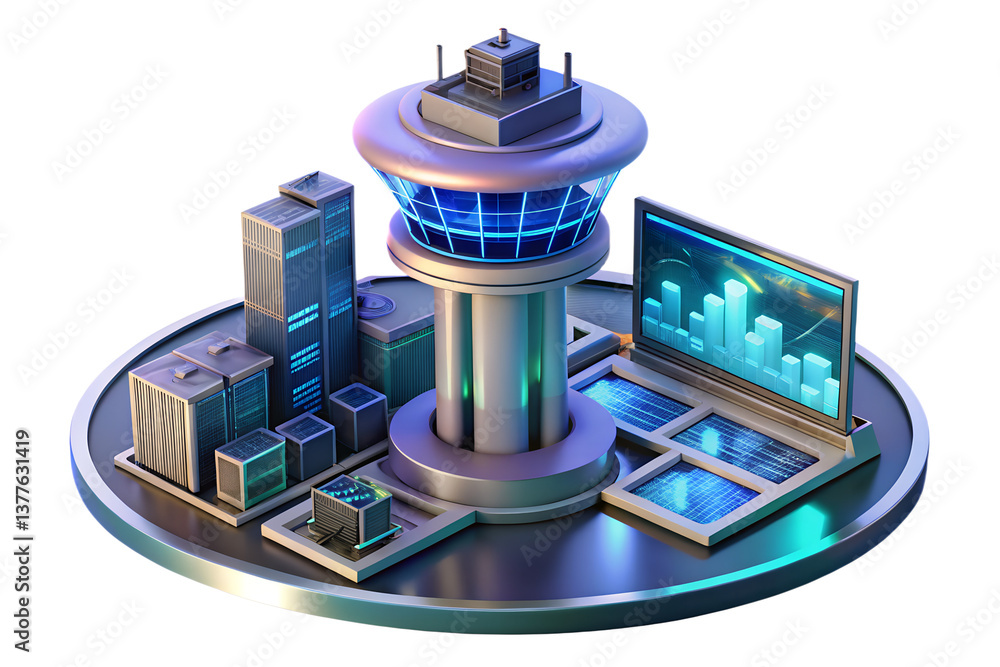 Aufkleber futuristic smart city control center air traffic control tower with data analytics display