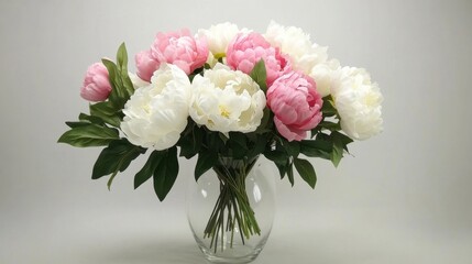 Obraz premium A fresh bouquet of delicate white and blush pink peonies in a clear vase.
