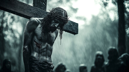 Jesus Christ crucified in the forest. Black and white image.