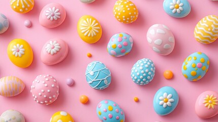 Colorful Decorated Easter Eggs on Pink Background for Spring Celebration