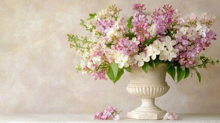 A fresh bouquet of lilacs and jasmine flowers, beautifully arranged in a vintage-style vase.