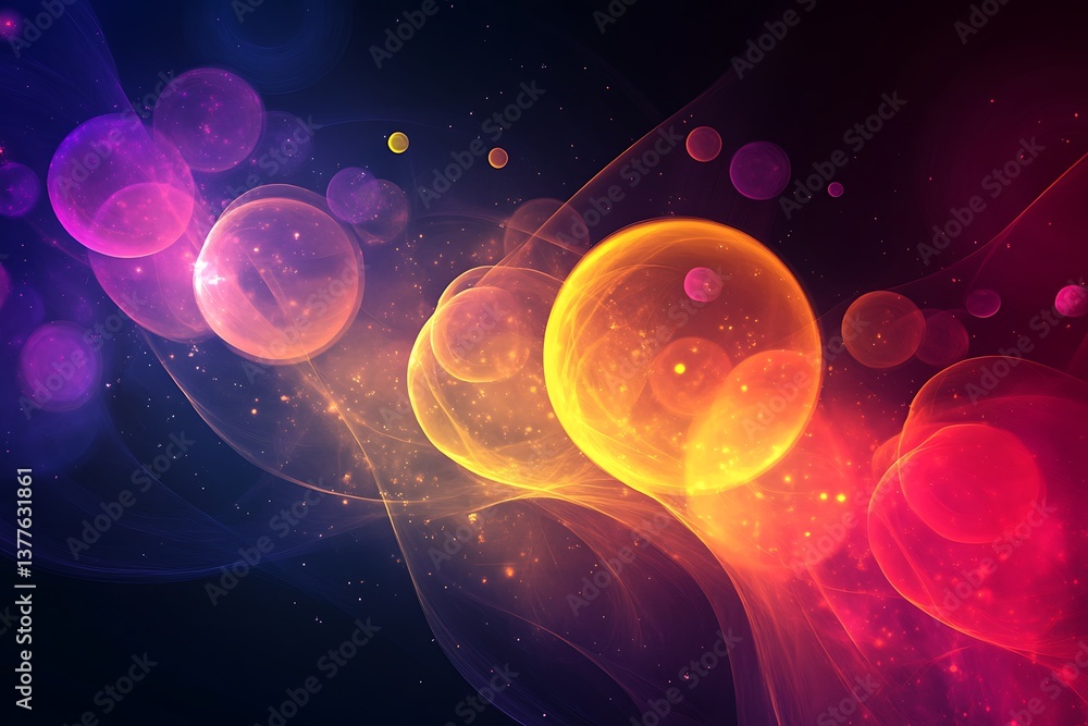 Poster celestial spheres: a vibrant explosion of colors, with luminous orbs and swirling light streaks crea