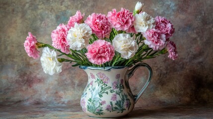 A fresh bouquet of pink and white carnations arranged in a ceramic pitcher.