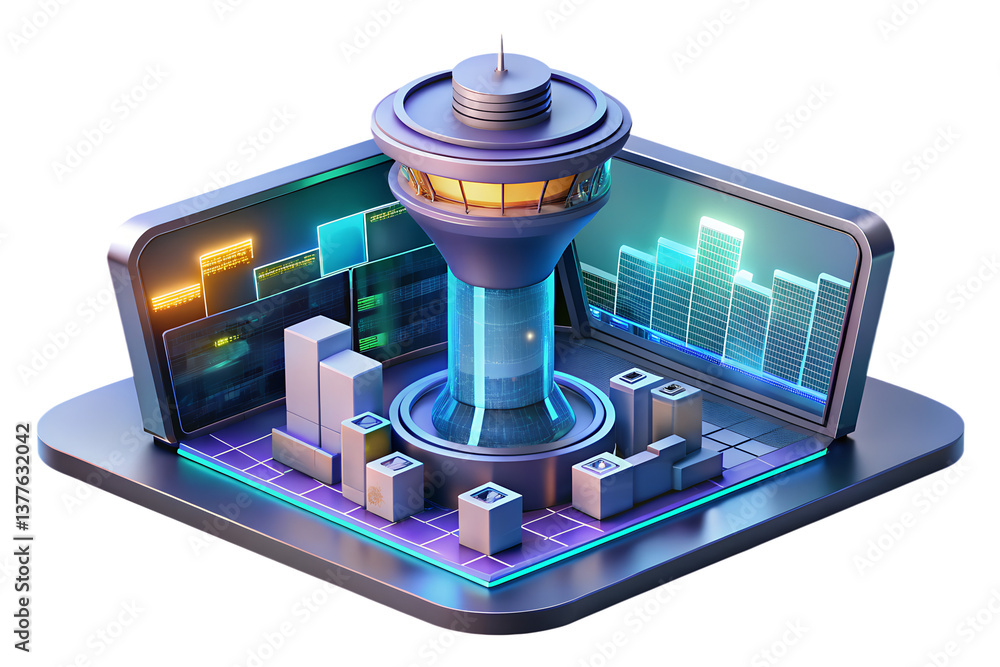 Poster futuristic control tower and data visualization on laptop screen - 3d render