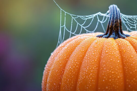 A close-up shows an orange pumpkin adorned with dew drops, topped by a delicate, dewy spiderweb against a blurred background.