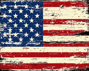 A distressed depiction of the American flag, featuring stars and stripes in red, white, and blue with a vintage, worn texture.