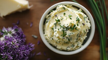 Chive blossom compound butter with garlic powder and lemon juice
