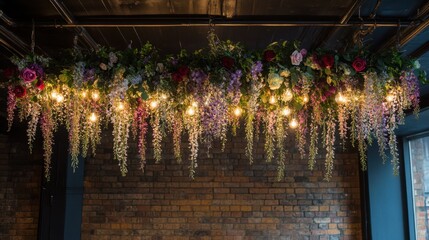 Fototapeta premium A lush floral chandelier arrangement with hanging wisteria, roses, and fairy lights.