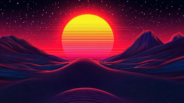 Synthwave Sunset Over Abstract Mountain Landscape with Retro Style and Glowing Stars