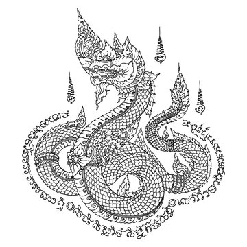 Thai raditional tattoo. Yant Naga. Thai text translation: protection, wealth and knowledge.