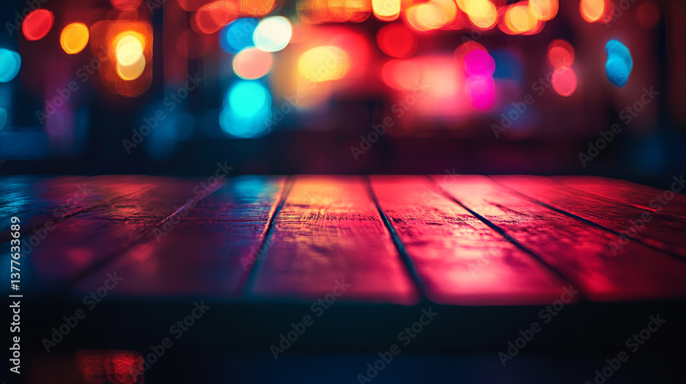 Poster close up of a wooden surface with blurred colorful lights in the background creating a vibrant atmos