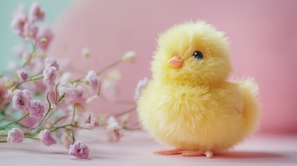Adorable Yellow Chick on Pastel Background with Flowers