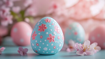 Fototapeta premium Colorful Easter Egg with Floral Design and Cherry Blossoms