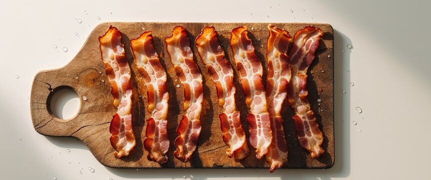 Appetizing Bacon with Copy Space for Text on Raw Cutting Board.