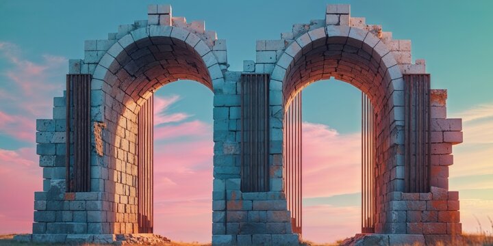 Two arched structures of stone with vertical wooden slats