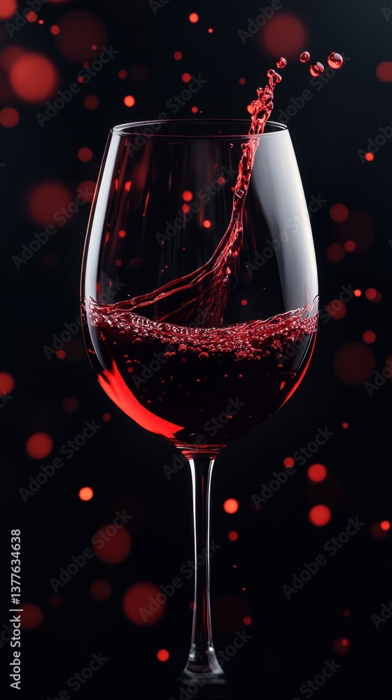 Poster elegant red wine pouring into a glass against a dark background with bokeh lights creating a sophist