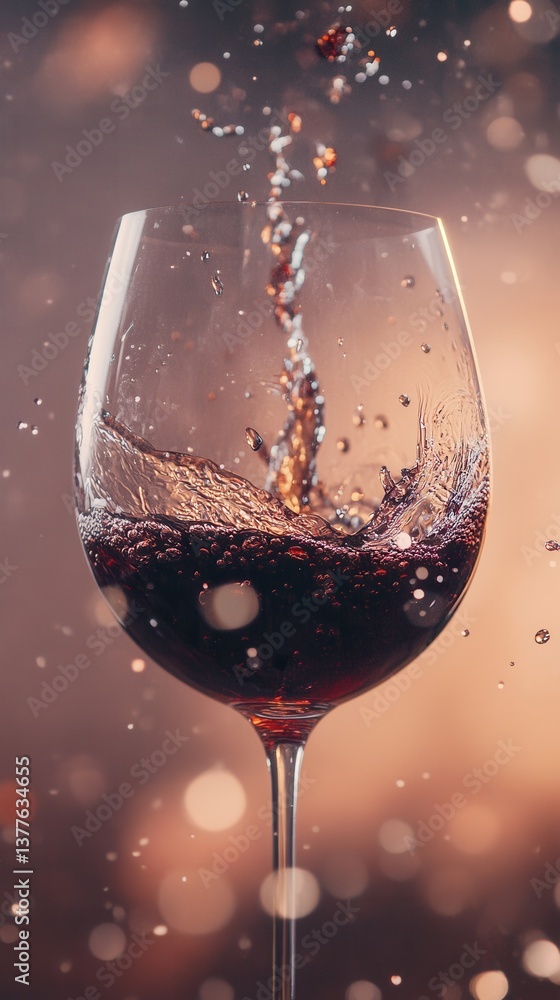 Poster elegant red wine pouring into glass creating splashes and bubbles against a bokeh background with wa