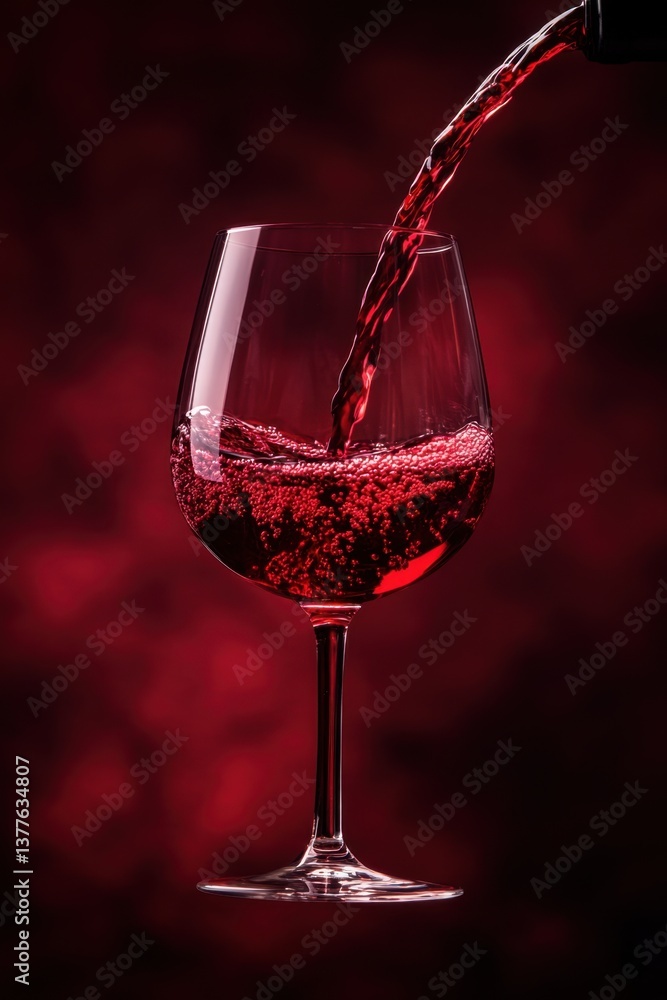 Poster elegant red wine pouring into a glass on a dark red background creating a luxurious and inviting atm