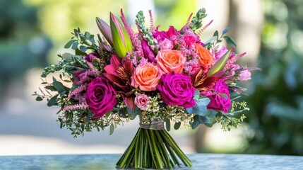 A modern flower bouquet featuring bold colors and exotic blooms on a marble surface.