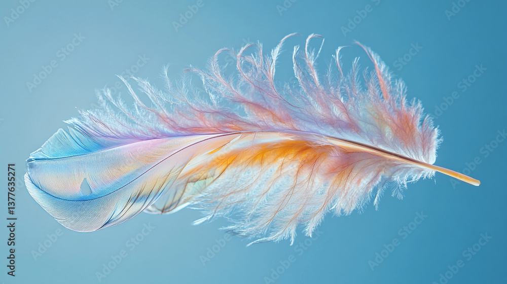 Poster a single feather with pastel colors floating against a soft blue gradient background image view
