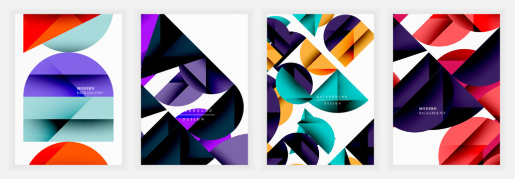 Geometric abstract posters with bold triangles, half circles, and gradients in dark blue, red, violet, cyan, and orange hues forming dynamic and angular visual design
