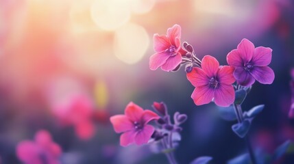 Naklejka premium Delicate pink flowers are blooming in a lush garden, illuminated by a warm and colorful sunset. The soft light enhances the beauty of the petals and surrounding greenery