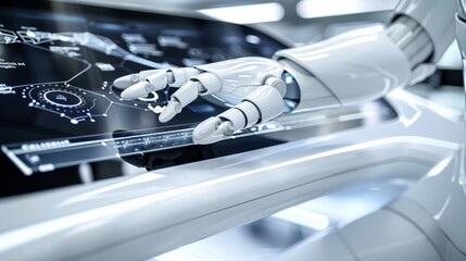 Futuristic robot hand interacting with high-tech touchscreen interface