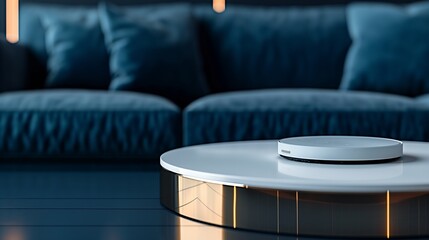 Modern robotic vacuum in stylish living room with blue sofa and minimalist design