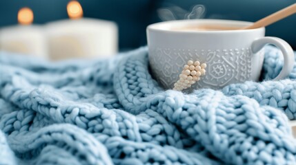 Cozy winter scene with knitted blanket, hot drink, and candles for a relaxing atmosphere