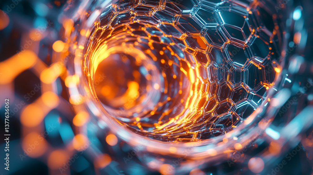 Poster abstract rendering of a glowing hexagonal tunnel with orange and blue lights in a dark setting