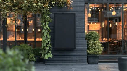 An empty signboard stands beside a modern restaurant's entrance, framed by climbing plants and warm lights, creating a welcoming atmosphere in the evening