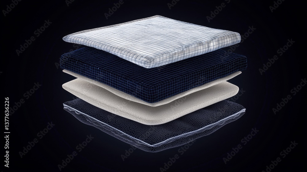 Poster 3d visualization of four layered textured cushions in blue and white grid patterns