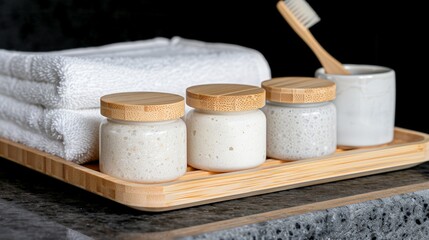 Luxury spa set with bamboo lid jars and towels on stone countertop