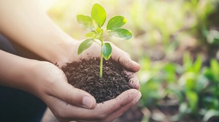 Hands gently hold a young tree growing from fertile soil, with sunlight filtering through emerald green leaves, symbolizing growth, sustainability and environmental protection on Earth Day.