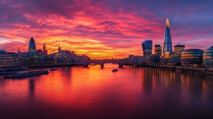Fototapeta premium Brilliant hues of orange and purple fill the sky as the sun sets over the Thames River. Iconic London buildings reflect on the water, creating a stunning urban view at dusk