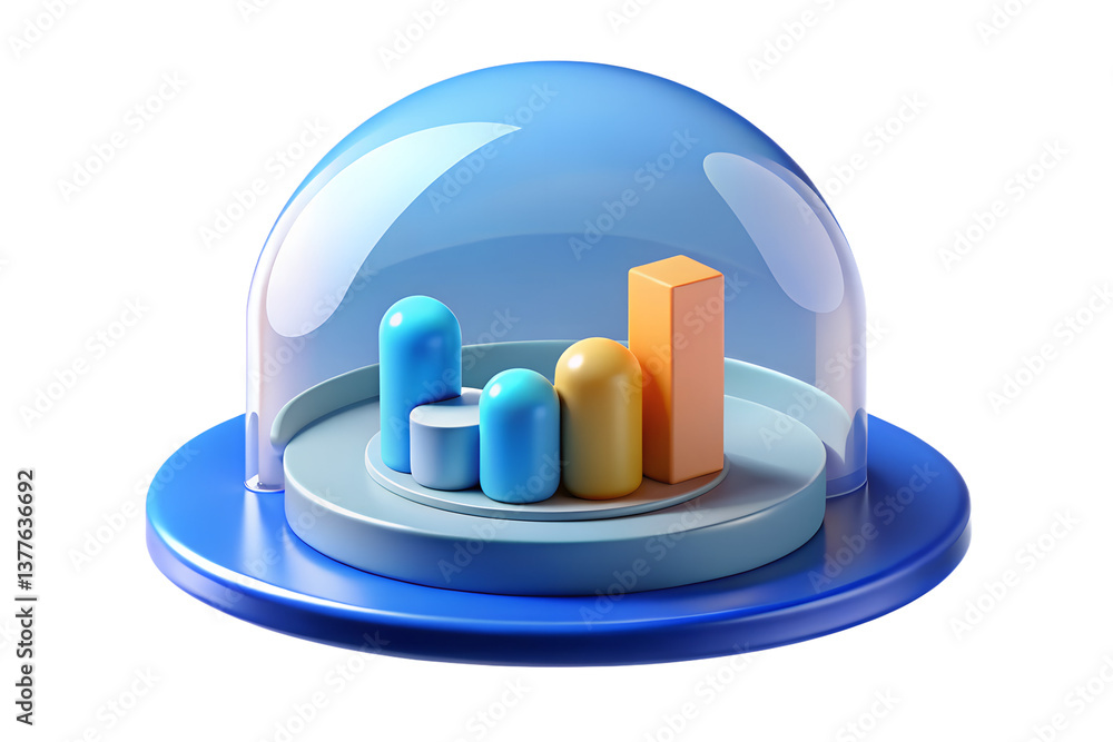 Poster protected data growth 3d render of a bar graph under a glass dome