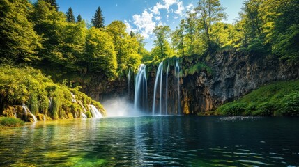 Fototapeta premium Waterfalls flow gracefully into a tranquil lake nestled among dense forests. Sunlight filters through the trees, illuminating the vibrant foliage and creating a peaceful, idyllic atmosphere