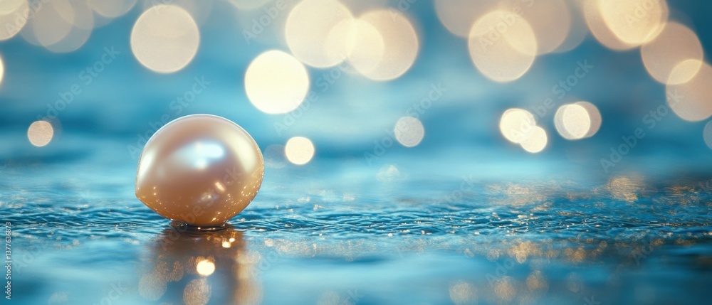 Poster iridescent pearl resting on rippling water with bokeh lights creating a serene and dreamy atmosphere