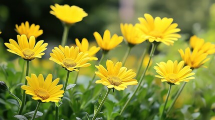 Fototapeta premium Bright yellow flowers flourish in a garden, their vivid petals reaching towards the sunlight in a joyful display. The lush greenery surrounding the blossoms enhances the lively springtime mood