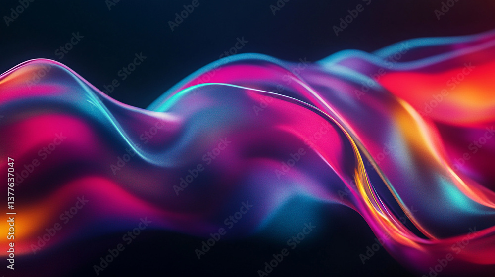 Poster abstract flowing iridescent waves with vibrant colors against a dark background display art