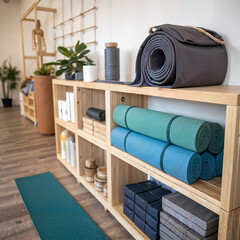 High-quality Image of Yoga Props Like Blocks, Straps, and Bolsters Neatly Arranged on a Wooden Shelf in a Peaceful, Clutter-free Yoga Studio, Emphasizing Organization and Mindfulness