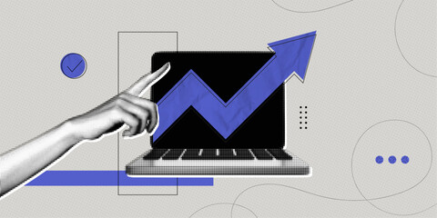 Trendy Halftone Collage Business and investment growth concept. Hand holding up arrow. Interest rate. Computer laptop with invest strategy. Successful development. Contemporary vector illustration art