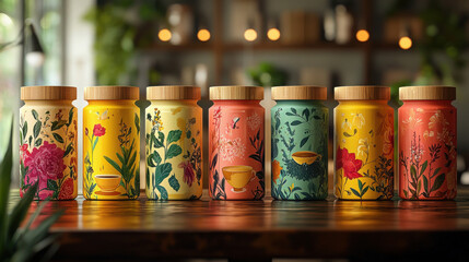 Vibrant and playful packaging design featuring colorful jars adorned with floral illustrations, perfect for storage