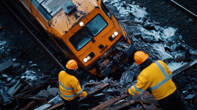 A derailed train lies amidst collapsed tracks; two workers in bright yellow safety gear assess the damage to the locomotive after a serious railway accident.